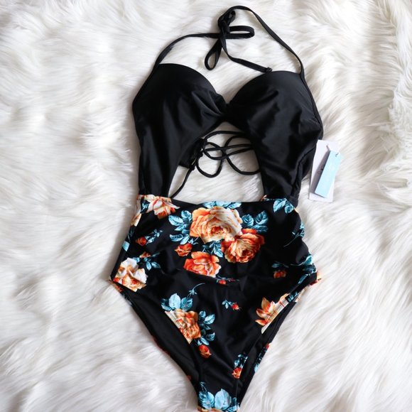 Black Floral Print Halter One Piece Swimsuit Sz L= - Picture 5 of 13